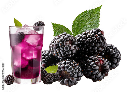 A vibrant drink in a glass next to a pile of ripe blackberries with leaves