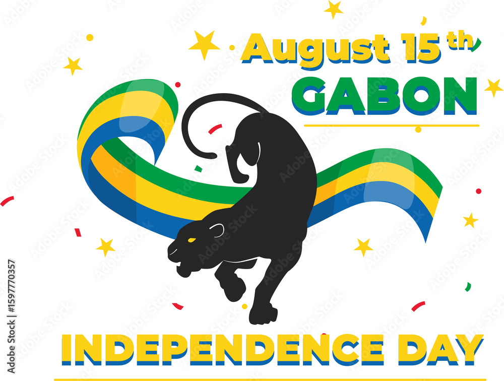Fototapeta premium This illustration celebrates Gabon's Independence Day on August 15th, featuring a panther, colorful ribbons, and vibrant design elements.
