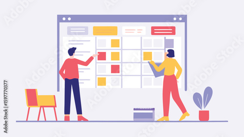 People collaborating on a project management board with sticky notes and a calendar illustration