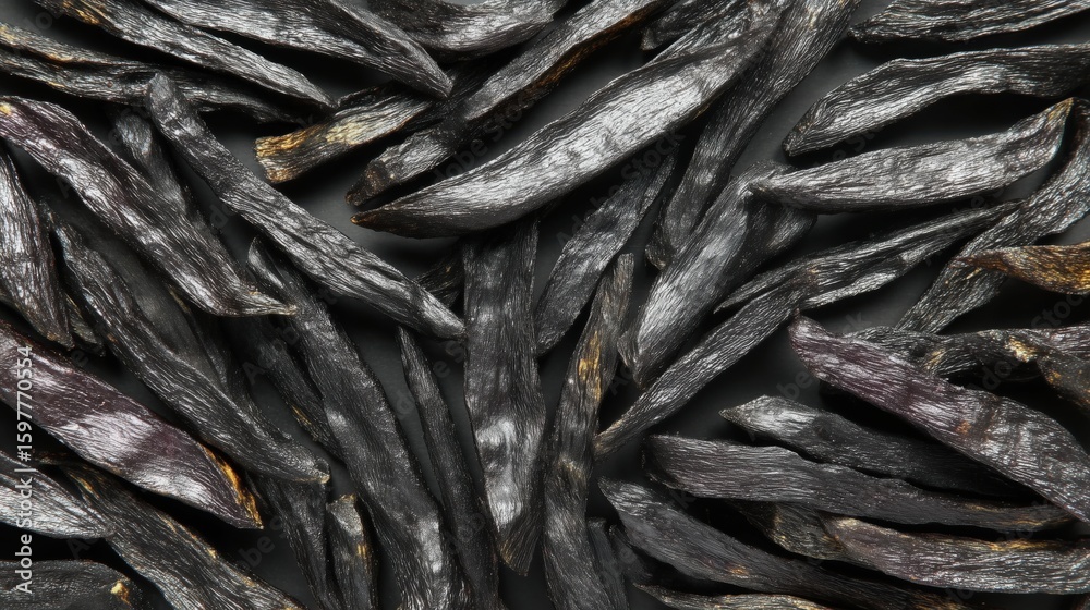 Fototapeta premium Burned French fries laid out in a flat lay on a dark surface. Acrylamide risk, food safety, carcinogens in food, unhealthy cooking, charred food health concerns