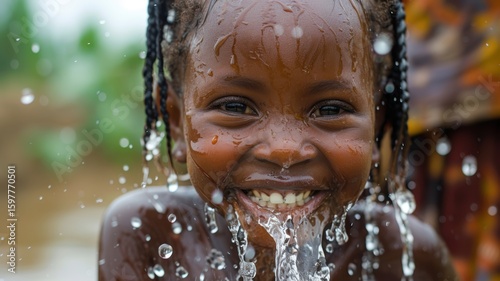 Joyful Child Drinking Clean Water, Symbolizing Water Scarcity and Access