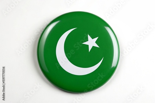 Green badge featuring white crescent moon and star on white backdrop