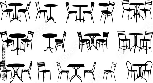 Silhouettes of various cafe tables and chairs isolated on white background
