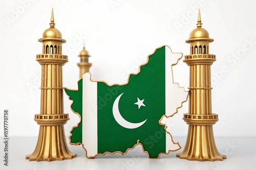 Pakistan Map with Flag and Golden Minarets on White Background