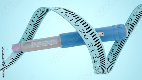 A 3D animation of a injection pen, for insulin or another injectable medication and a flexible measuring tape wraps loosely around the pen, creating a dynamic, looping form.