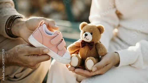 Expecting parents holding baby shoe and teddy bear anticipating newborn