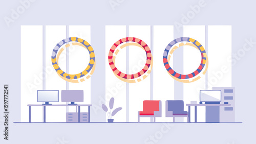 Office waiting area with three colorful decorative circles hanging above the chairs and desks area