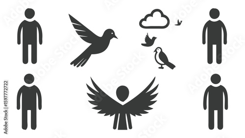 Illustrative Imagery Symbolic of Hope and Spirituality Representing Freedom and Transcendence with Birds Clouds and Human Figures with Wings