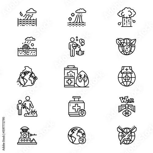 Collection of environmental and global issues represented by line icons