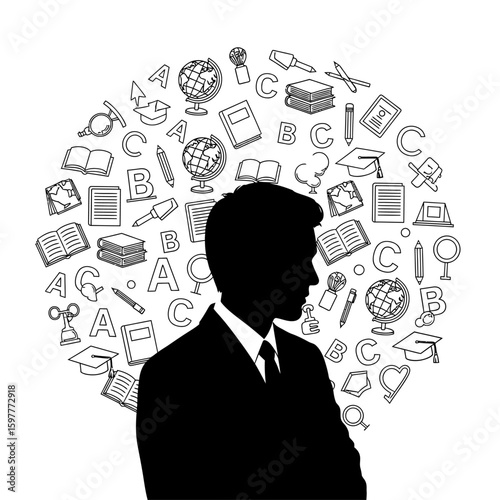 Silhouette of a man with education related icons surrounding his head area