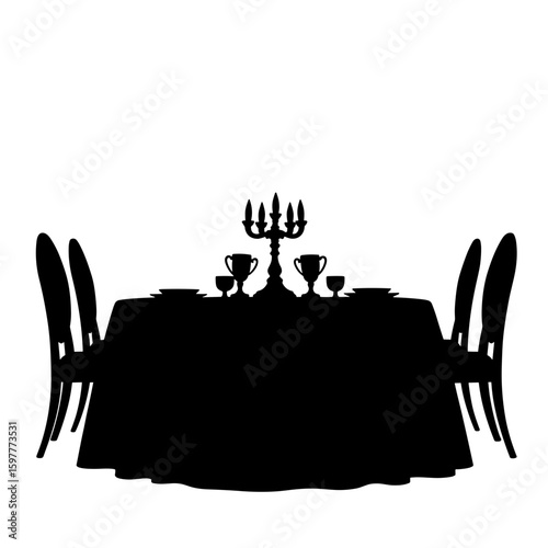 Silhouette of banquet table with candelabra and place settings – Regal celebration, formal gathering