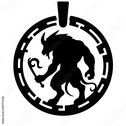 Silhouette of Minotaur pendant in labyrinth – Greek legend symbolism, power icon