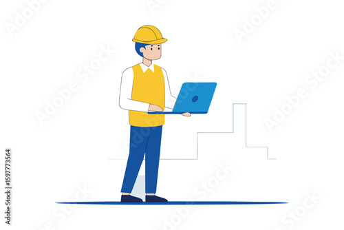 An architect checking CAD drawings on a laptop while standing on-site