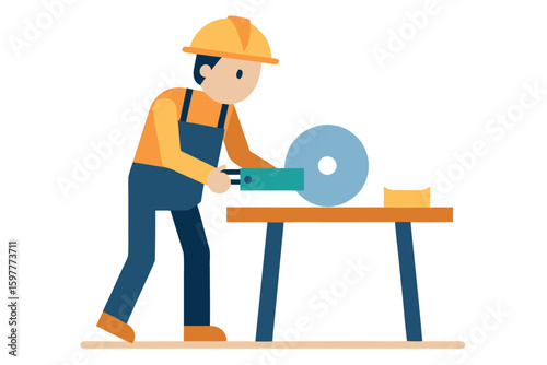 A construction worker uses a circular saw to cut wood