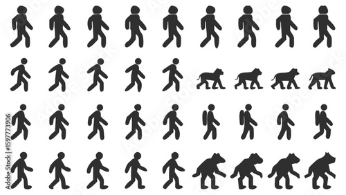 Silhouetted Figures Depicting Walking and Transformation Series Simple Black Figures on White Background Depicting Humanoid Motion and Animalistic Evolution