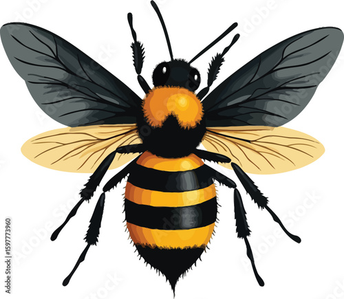 Vector art of a detailed illustration of a bee hovering with its wings spread isolated on white background