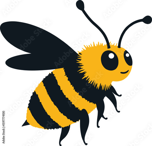 Vector art of a cute cartoon bee with big eyes and fuzzy body, isolated on white background