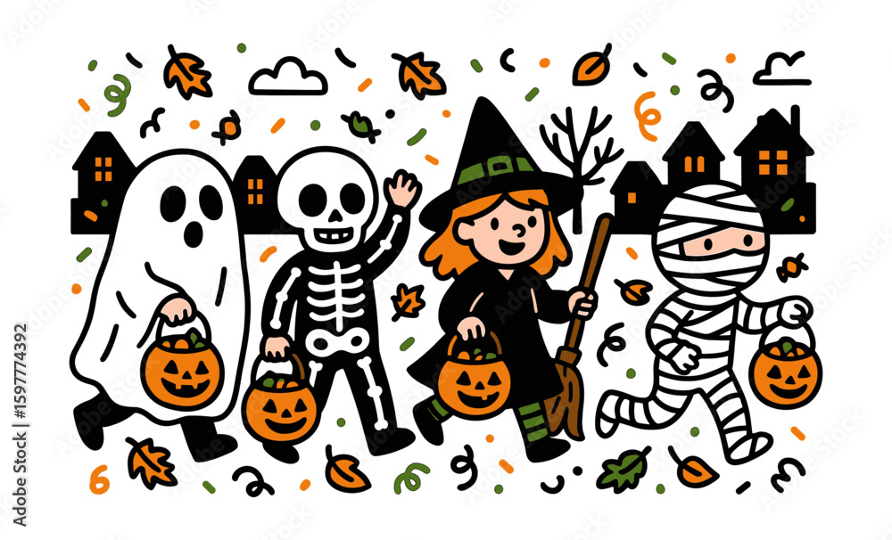 Obraz premium Cute kids in halloween costumes trick or treating at night