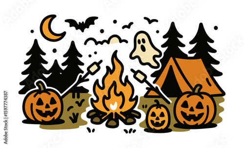 Spooky halloween night camping scene with pumpkins and ghost