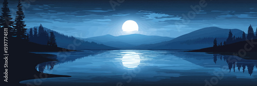 moonlit lake landscape with reflective water calm serene night forest mountains minimalist digital illustration panoramic view