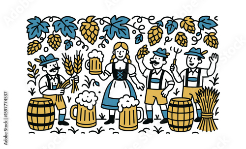 Traditional bavarian beer festival celebration with hop vines and cheerful characters
