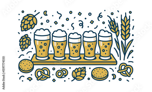 Craft beer tasting: flat design with hops and wheat elements