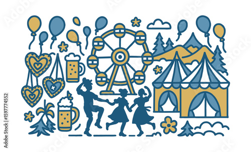 Festive fairground fun with ferris wheel and traditional dance elements
