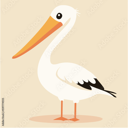 Cute cartoon pelican with large orange beak standing on beige background in flat minimalist vector style for wildlife and nature illustration design concepts