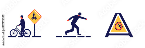 Flat minimalist vector set of bicycle rider man walking with bike near bike path sign, running man silhouette on striped road, and triangular warning clock icon on yellow background