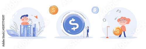 Business people experiencing financial loss and economic problems with falling dollar coin and stock market crash concept in flat minimalist vector illustration style
