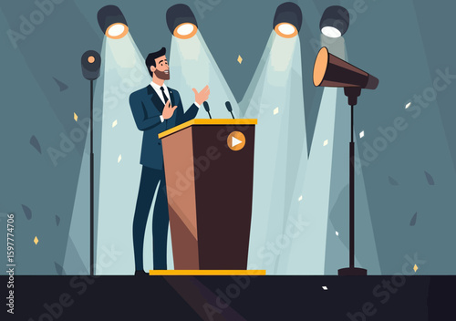 Confident businessman delivering public speech on stage at podium with microphones and studio spotlights in flat vector style