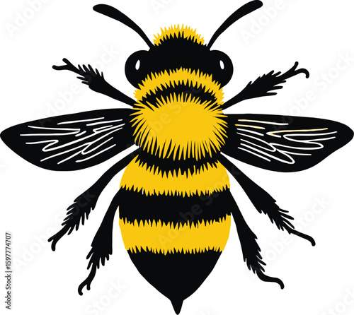 Vector art of a stylized drawing of a fuzzy yellow and black bee isolated on white background