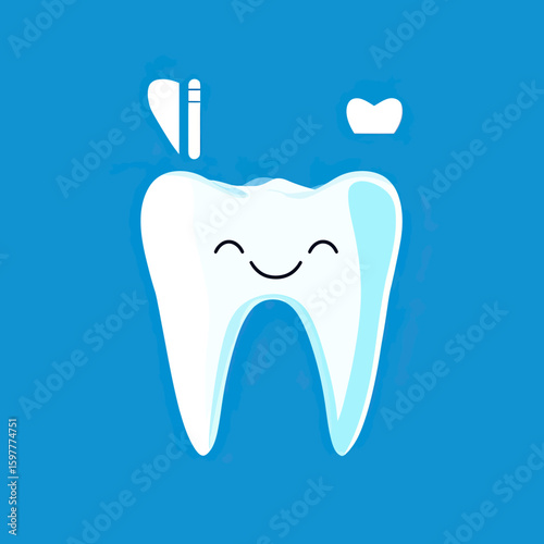Happy smiling tooth icon with dental implant and crown symbols in flat minimalist style on blue background for oral health and dentistry concept illustration