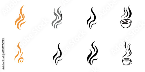 Set of six minimalist smoke steam vector icons with stylized flame shapes and cup symbols in flat design for hot beverage aromatic concept illustrations