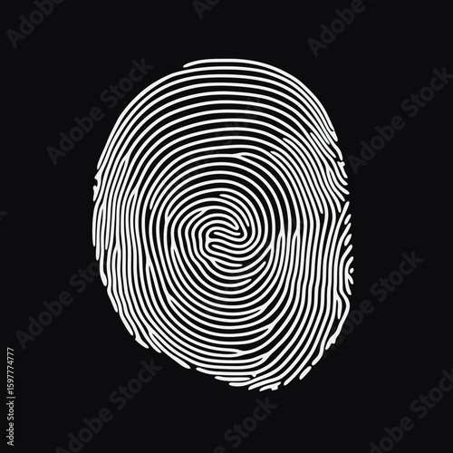 Detailed white fingerprint vector illustration on black background with clear ridge patterns for identity and biometric security concept design