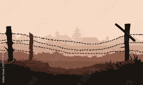 Silhouette of barbed wire fence with wooden stakes and rural landscape background in minimalist flat vector style illustration