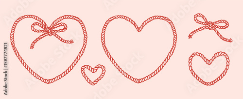 Set of rope hearts, corde bow with knot tied. Trendy frame template. Decoration for birthday, wedding, holiday, party. Vintage clipart for greeting cards, invitations
