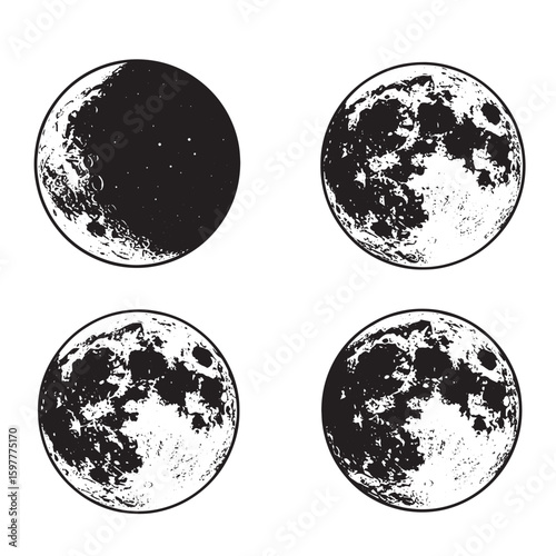 Detailed black and white lunar phases illustrated on a white background depicting celestial spheres