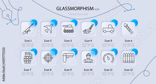 Military set icon. Rifle, airplane, tank, missile, truck, firework rocket, grenade, crosshair, pistol, soldier, gauge, bullets