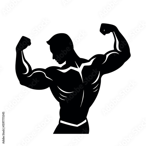 Bodybuilder flexing strong arms in gym environment silhouette Art Vector illustration