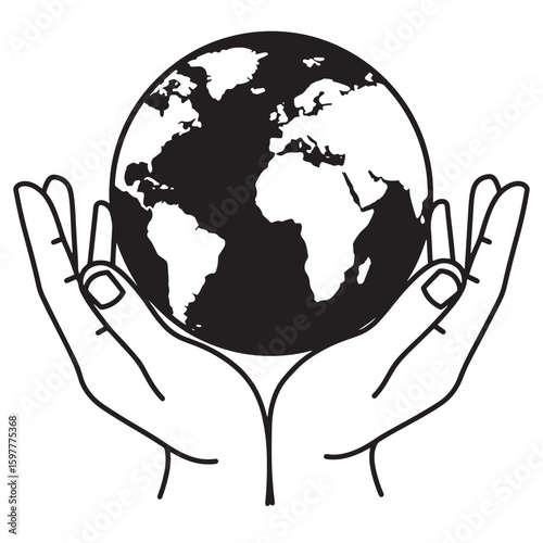 Earth held gently in hands symbol of global care and environmental protection simple black and white illustration
