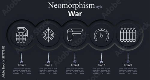 War set icon. Grenade, crosshair, handgun, gauge, bullets depict military combat, targeting, weaponry, ammunition, explosive devices in outlined neomorphism visual style