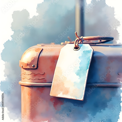 Vintage suitcase with blank tag ready for travel or storage artistic watercolor effect