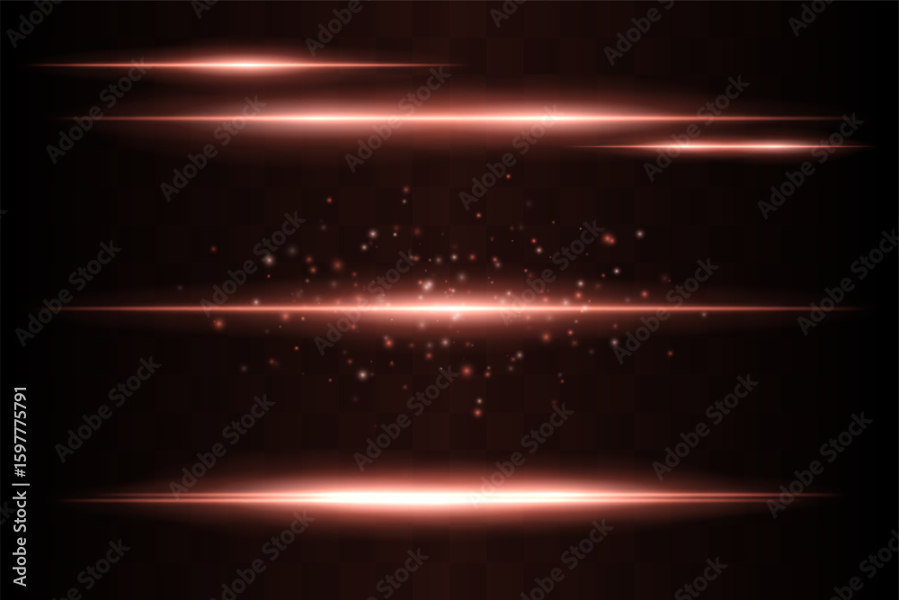 Shining set. Bright glowing beams combined with floating light particles. Central cluster highlights energy dispersion and soft motion on transparent background.