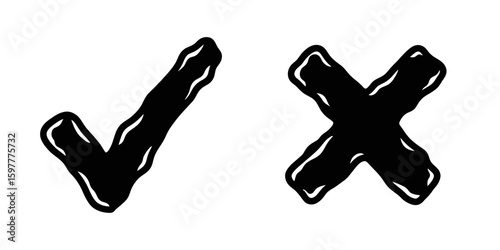 Hand drawn check and cross mark with outline style for sketch doodle design element validation rejection symbol yes no choice option vector set