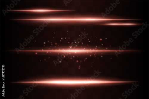 Shining set. Bright glowing beams combined with floating light particles. Central cluster highlights energy dispersion and soft motion on transparent background.