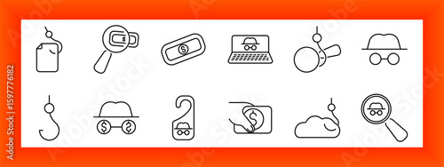 Cybersecurity and fraud set icon. Tags, magnifier, coin, laptop, hook, disguise, payment, cloud, detective in outline style for online theft context