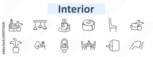 Interior set icon. Outline icons display cabinet with flowerpot, potted plant, ceiling lamp, tea cup on saucer, toilet paper roll, chair, armchair with plant, table with meal, toilet, dining table