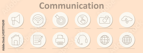 Communication set icon. Megaphone, wireless signal, hand tap, camera, cloud upload, headset, home, writing, printer, globe, network grid, communication icons