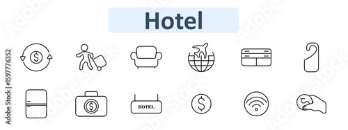 Hotel set icon. Currency circle, traveler, armchair, flight globe, card, hanger, refrigerator, safe, sign, coin, wifi, hand holding coin, hospitality items displayed
